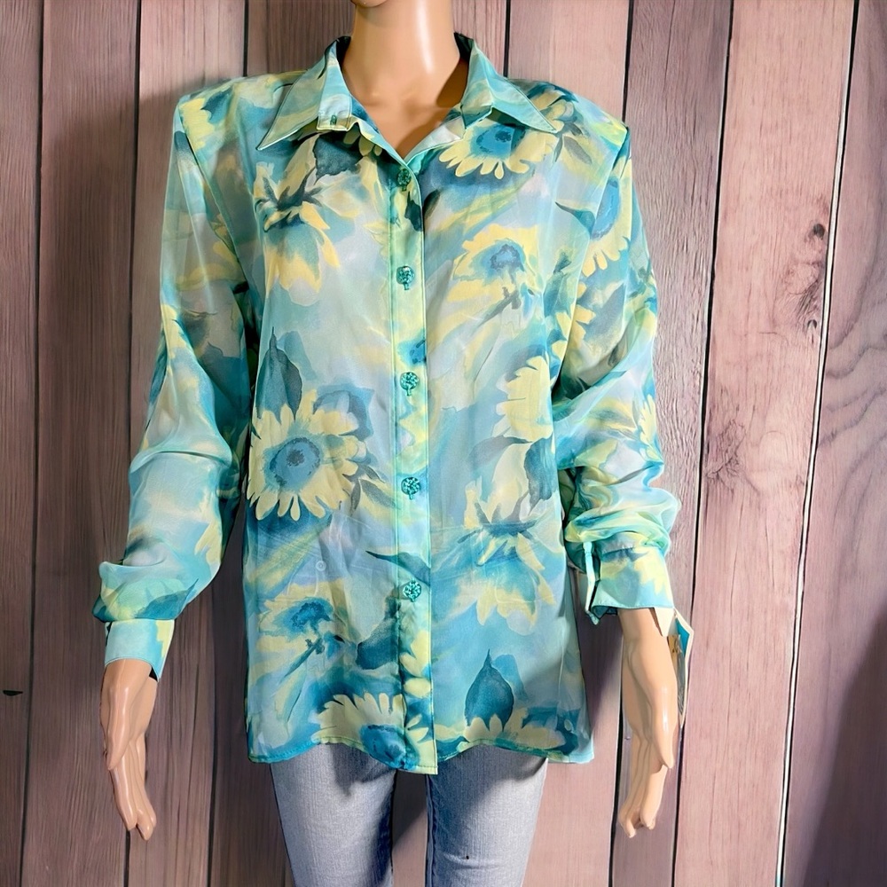 Vintage NWT Sea Suns Top Women’s Floral Watercolor Blues And Greens Beach Large